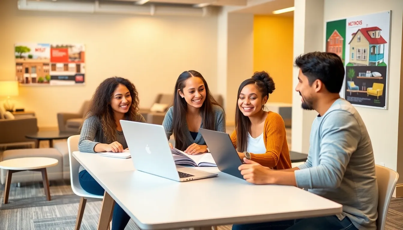 diverse students collaborating in a modern NC State residence hall.