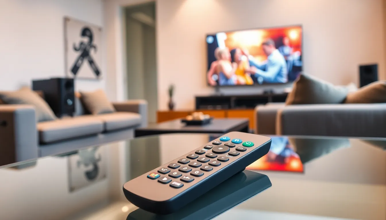 smart remote control on a glass table in a modern living room.