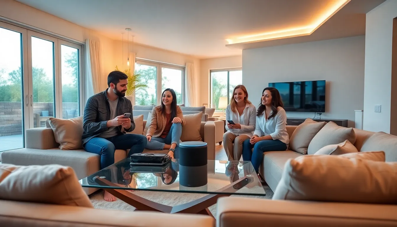 family using smart devices in a modern living room.
