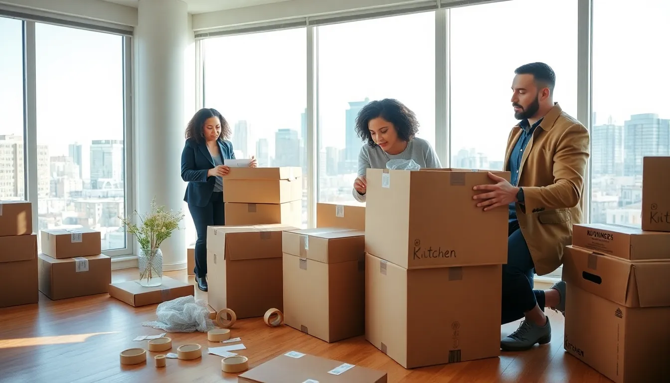 team preparing for moving day with boxes in a Boston apartment.