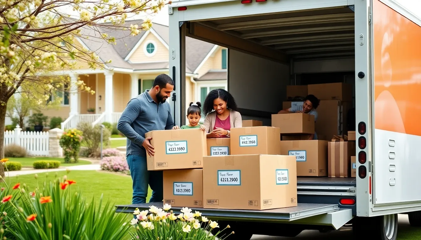 a diverse family packing for a move outside their home.