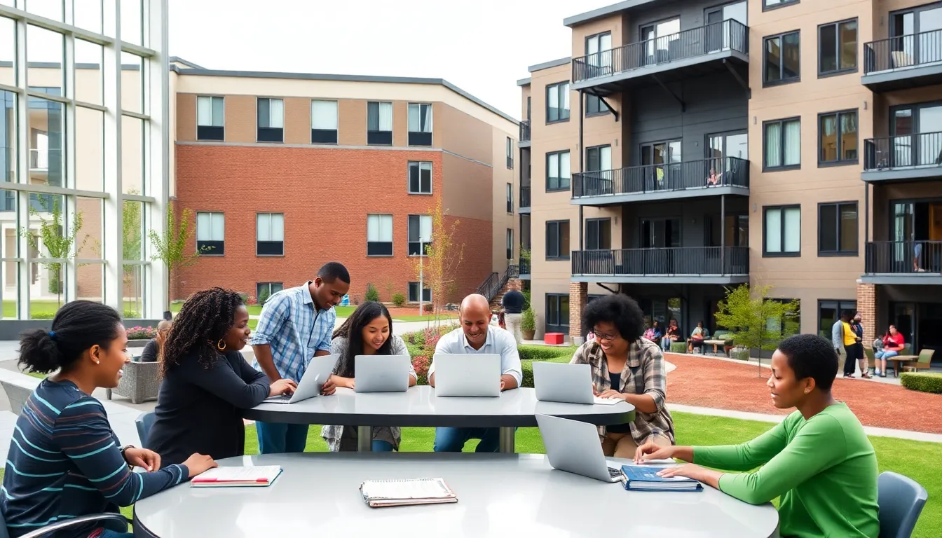 students collaborating near a study table at Jackson State University housing.