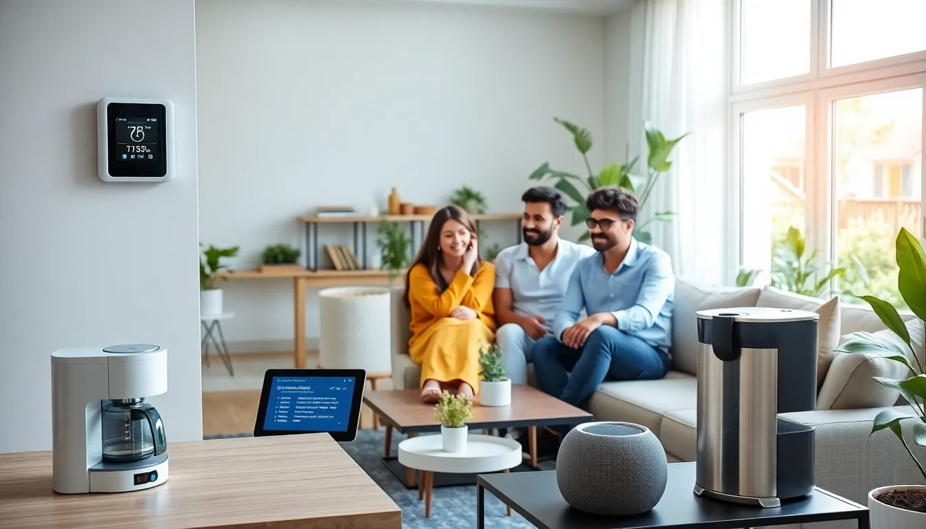 a family in a modern living room with various smart home devices.
