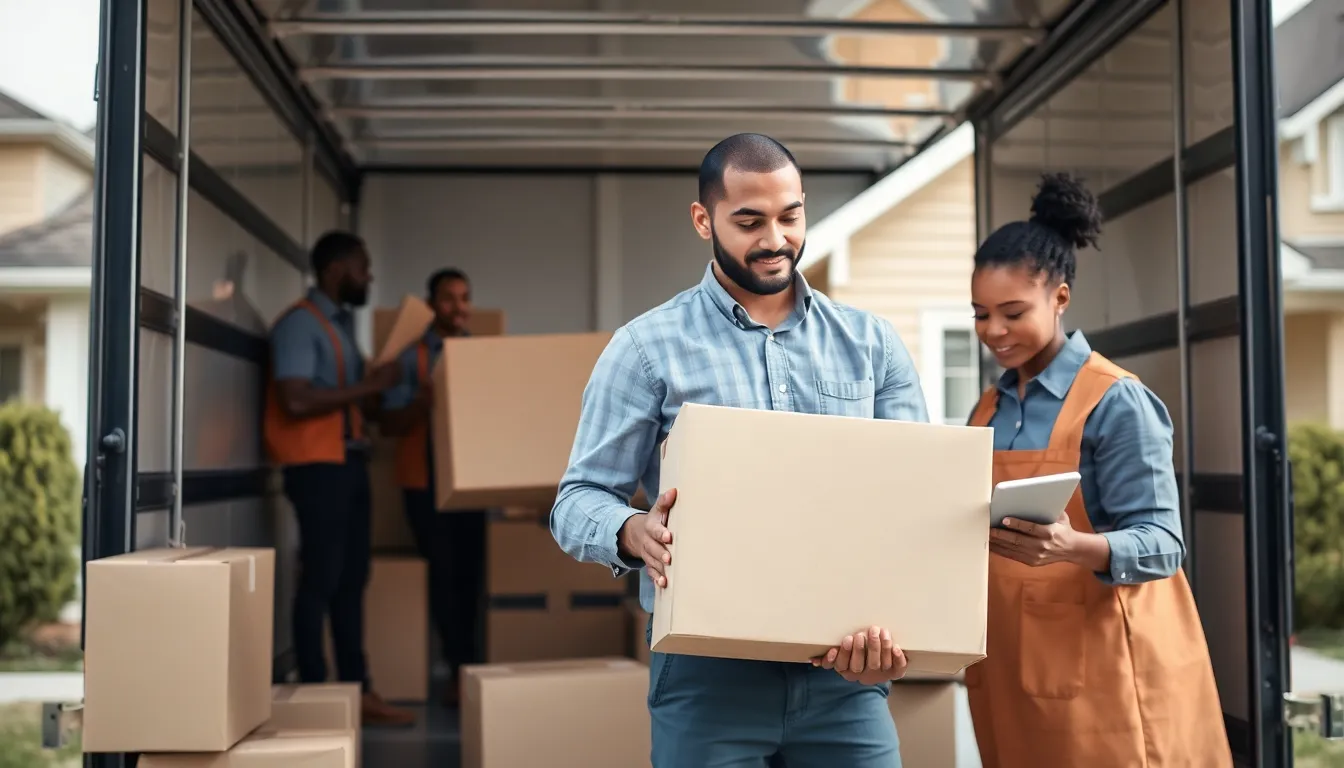 diverse movers packing and loading items into a moving truck.