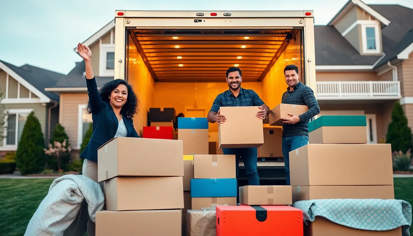 diverse team joyfully packing for moving day.