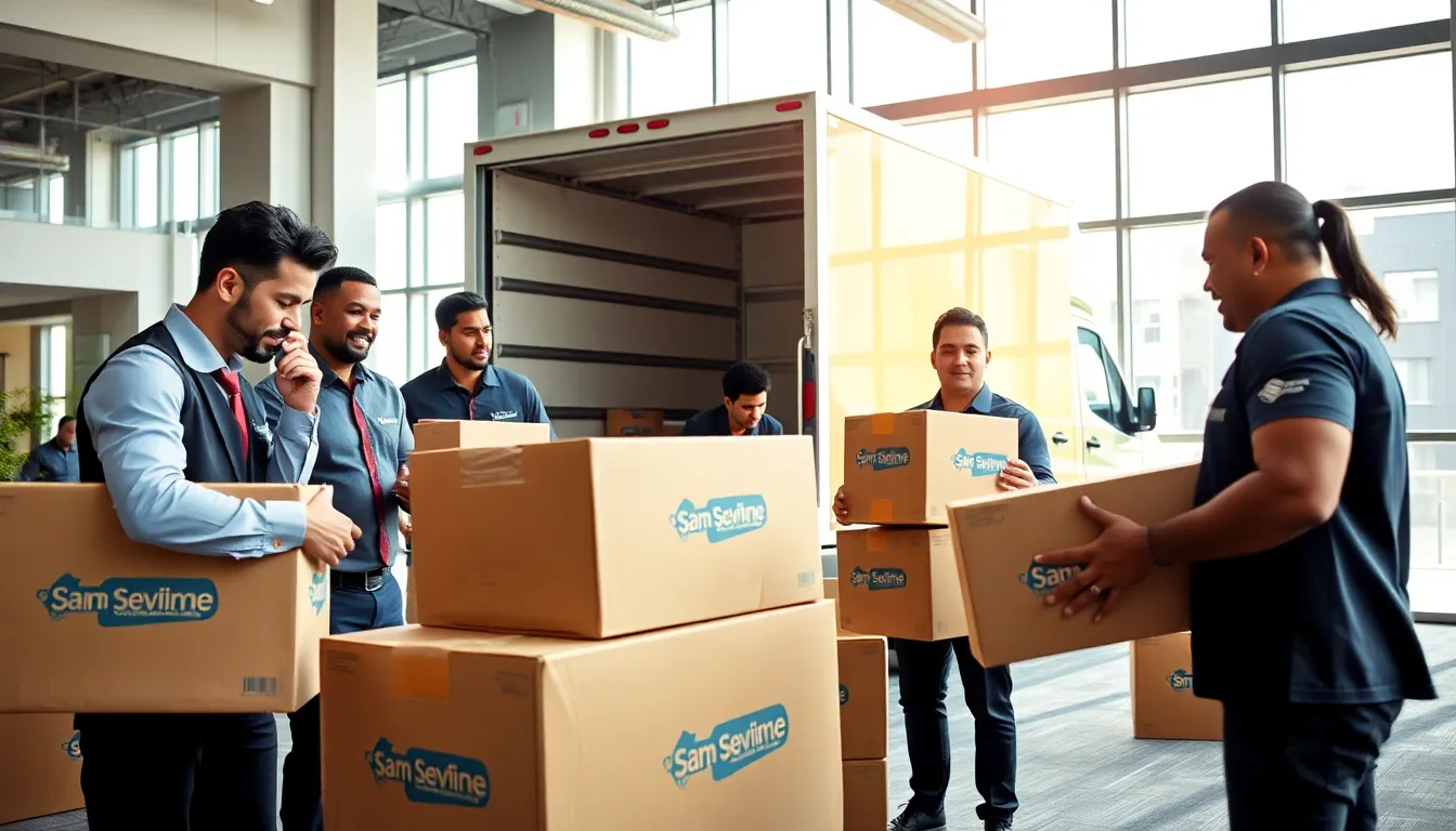 diverse moving team packing in a modern office.