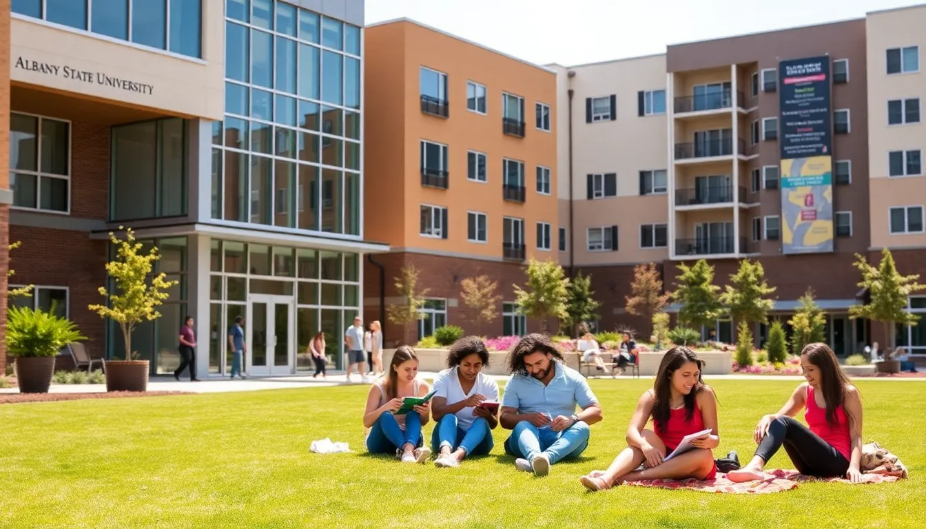 students socializing in front of Albany State University housing.