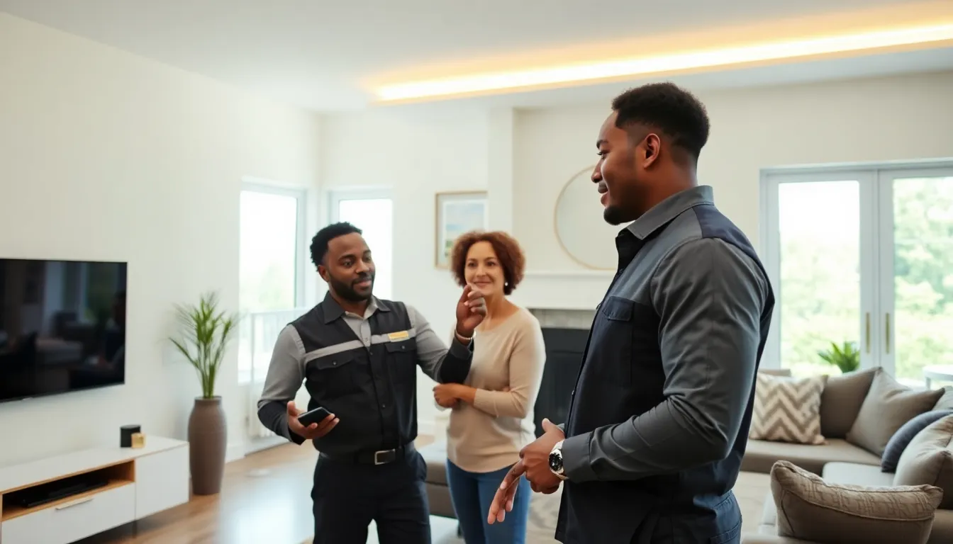 technician demonstrating smart home technology in a modern living room.