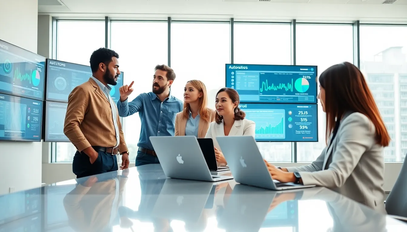 diverse team collaborating in a high-tech control room.