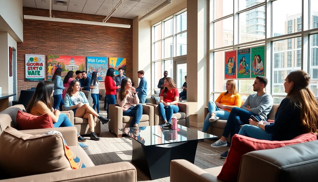 diverse students socializing in a modern university common area.